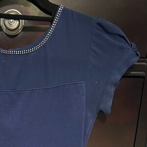 Express XS navy blue jeweled half sheer top
